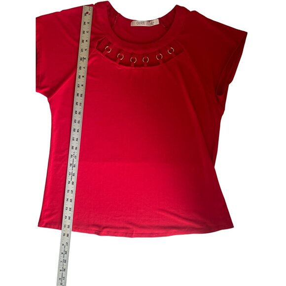 Cure Womens Red Top with Silver Ring Accents Short Sleeves, Size Medium - Picture 8 of 8